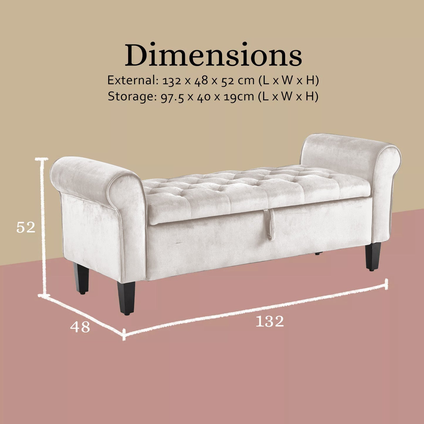 Storage Ottoman Stool Arm Bench Seat 132cm Velvet BEIGE - Furniture > Living Room > Ottomans & Footstools