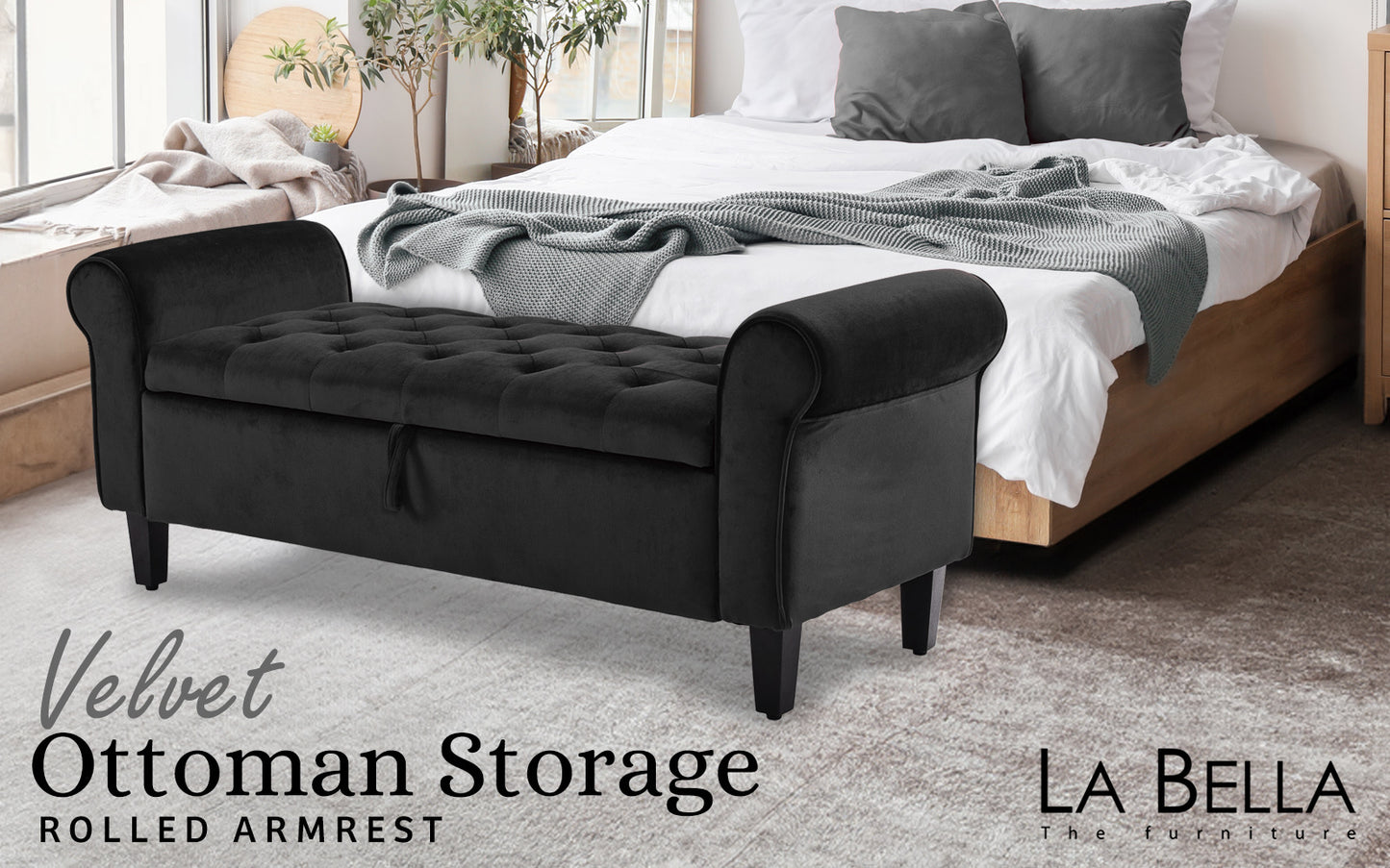Storage Ottoman Stool Arm Bench Seat 132cm Velvet BLACK - Furniture > Living Room > Ottomans & Footstools