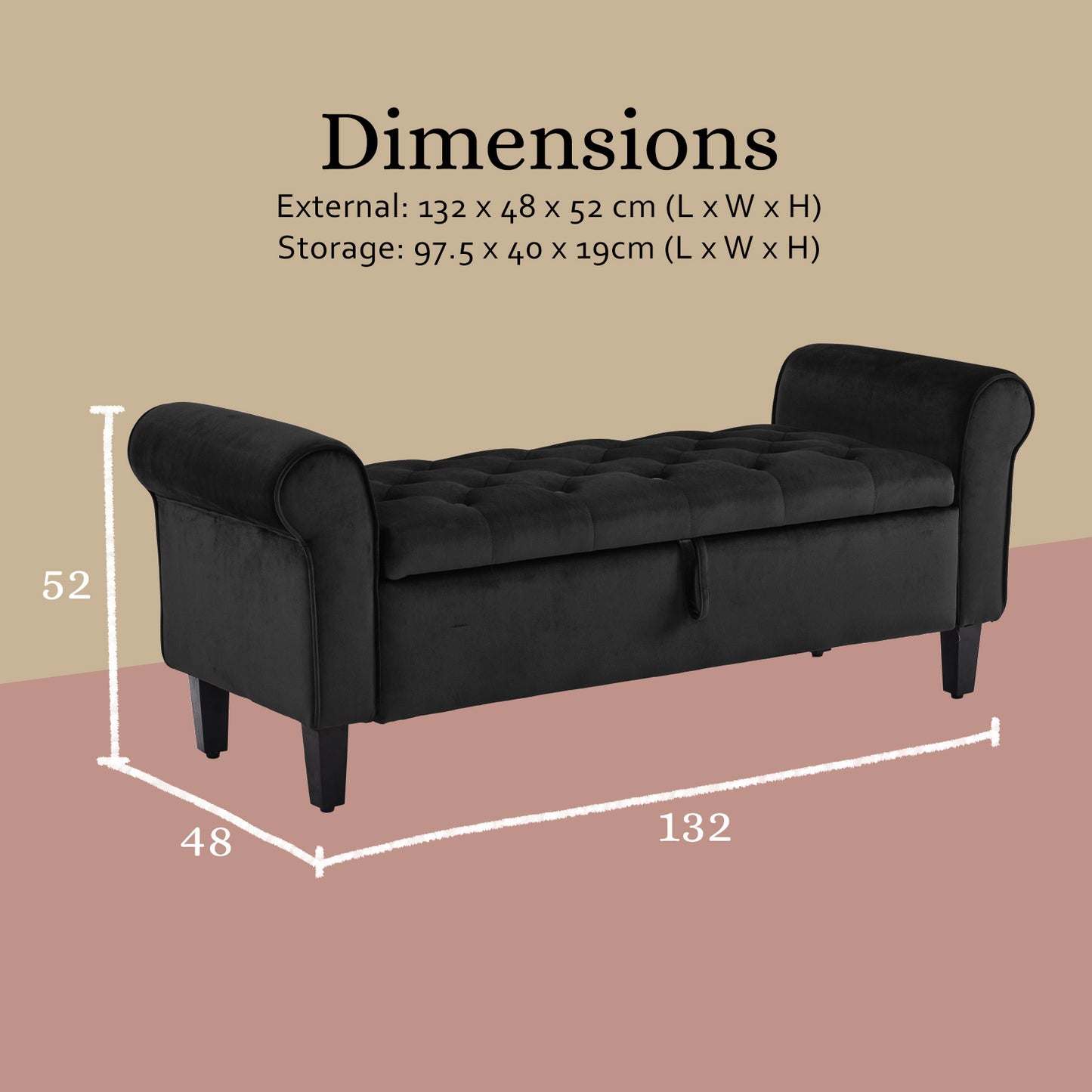 Storage Ottoman Stool Arm Bench Seat 132cm Velvet BLACK - Furniture > Living Room > Ottomans & Footstools