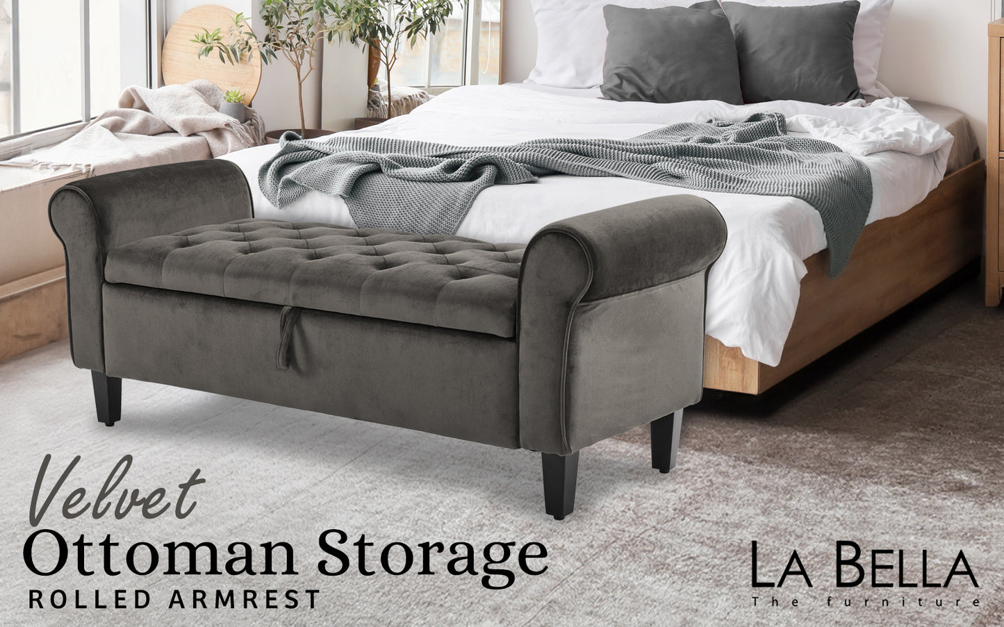 Storage Ottoman Stool Arm Bench Seat 132cm Velvet GREY - Furniture > Living Room > Ottomans & Footstools