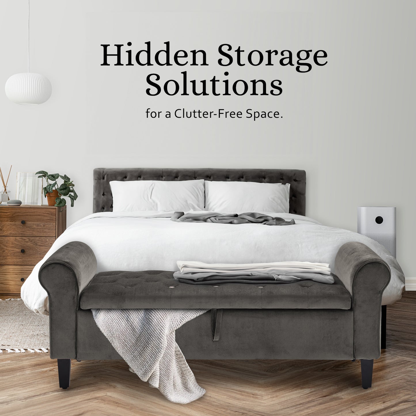 Storage Ottoman Stool Arm Bench Seat 132cm Velvet GREY - Furniture > Living Room > Ottomans & Footstools