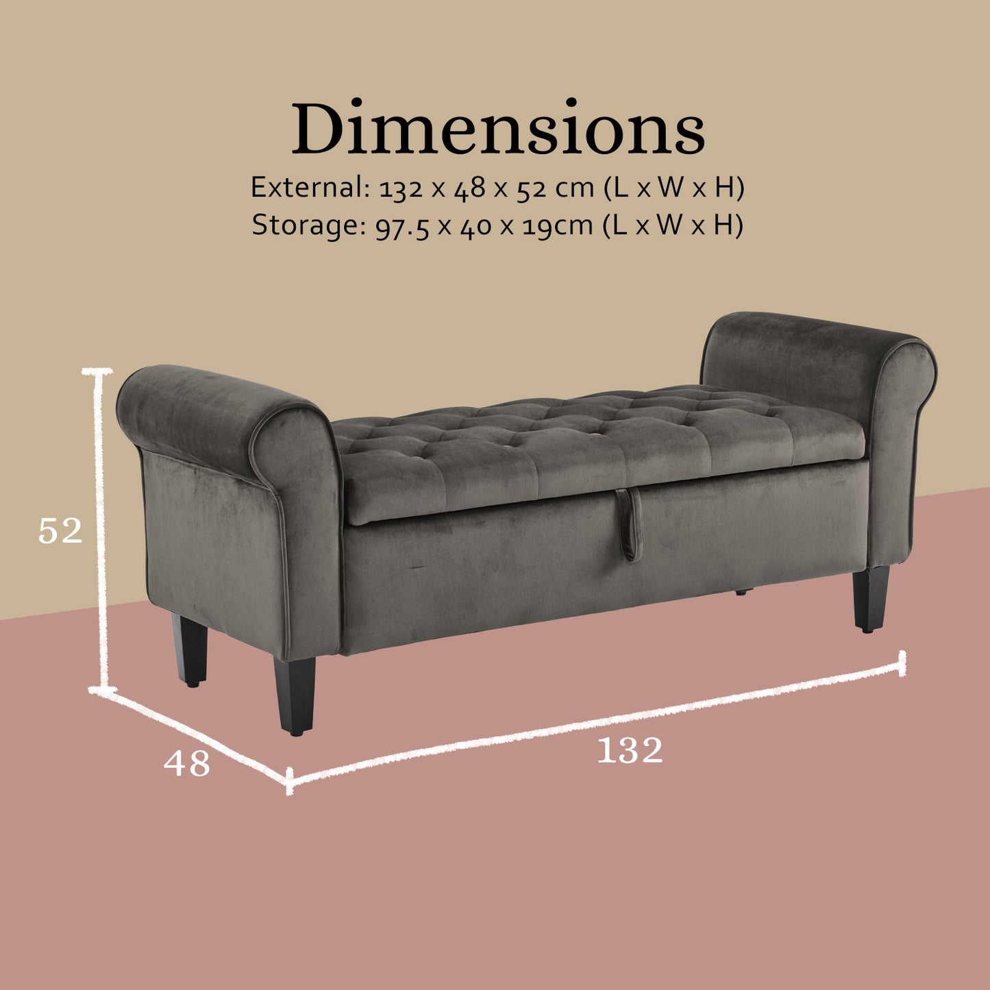 Storage Ottoman Stool Arm Bench Seat 132cm Velvet GREY - Furniture > Living Room > Ottomans & Footstools