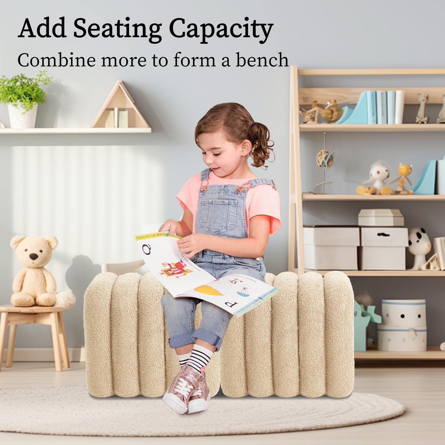 2X Ridge Arch Ottoman Stool Teddy Fleece Fabric Foot Rest 45cm BEIGE - Furniture > Living Room > Ottomans & Footstools