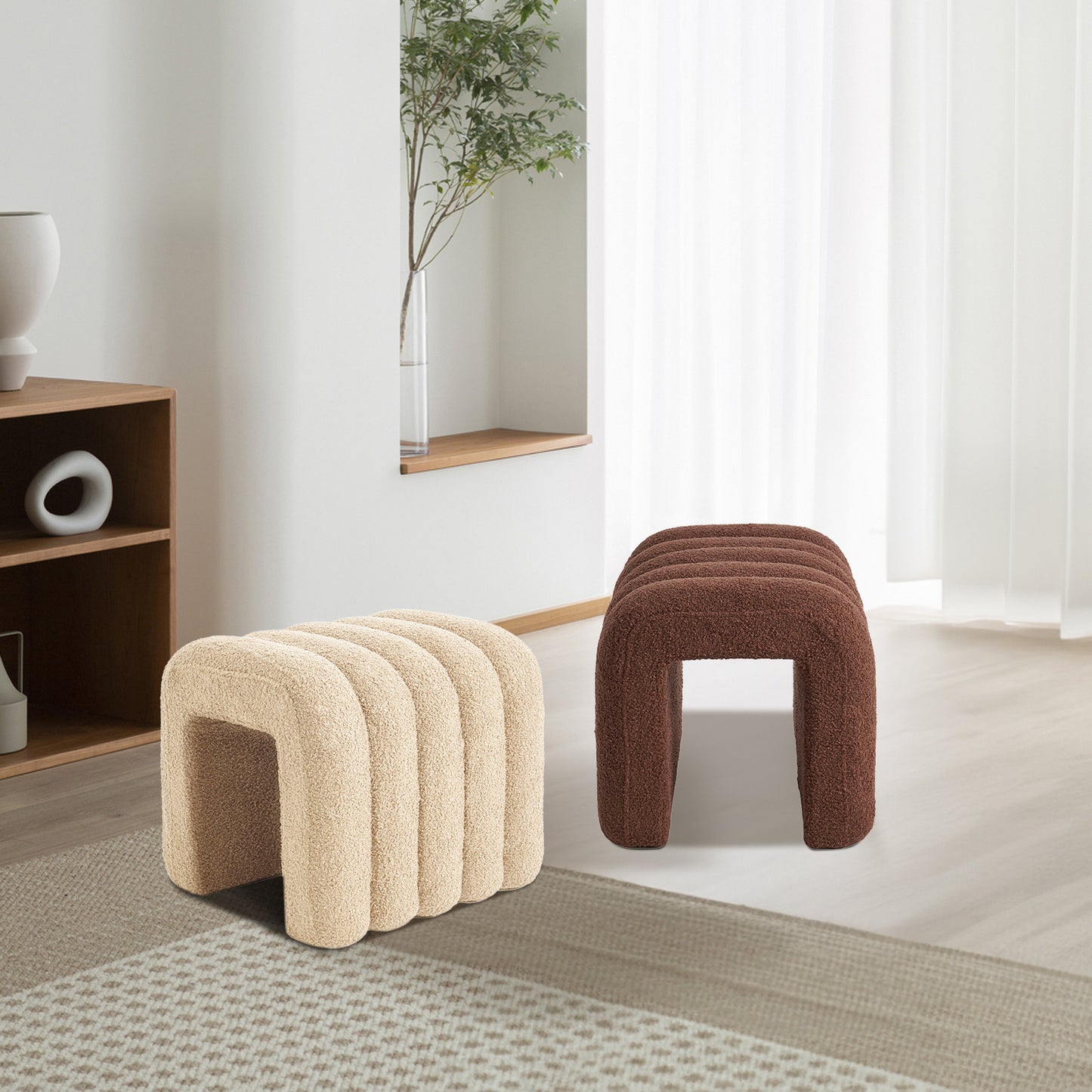 2X Ridge Arch Ottoman Stool Teddy Fleece Fabric Foot Rest 45cm BEIGE - Furniture > Living Room > Ottomans & Footstools