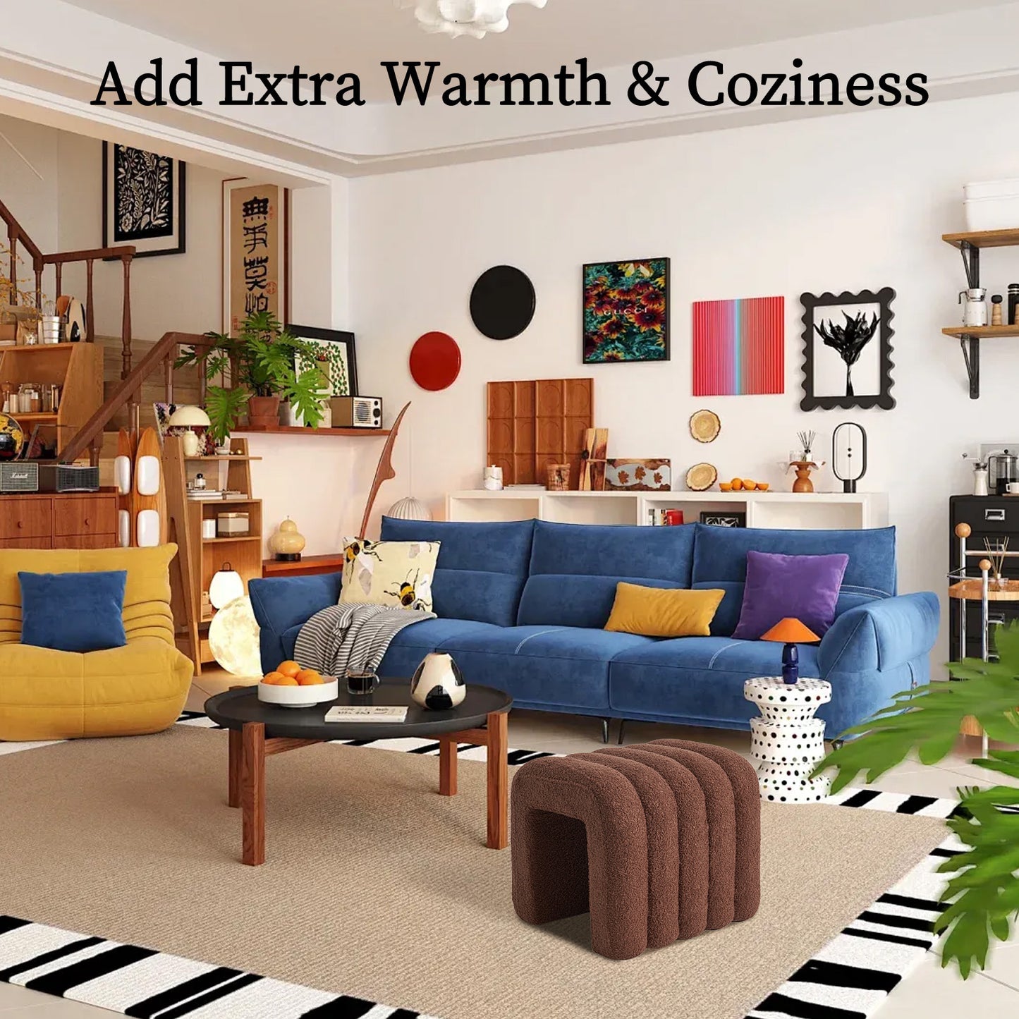 2X Ridge Arch Ottoman Stool Teddy Fleece Fabric Foot Rest 45cm BROWN - Furniture > Living Room > Ottomans & Footstools