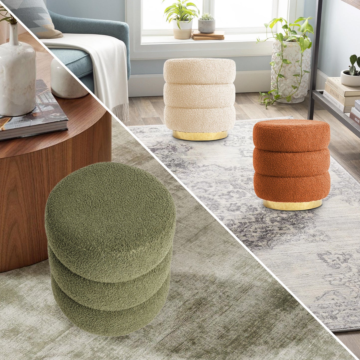Round Stacked Ottoman Stool Teddy Fleece Fabric Foot Rest 38cm BEIGE - Furniture > Living Room > Ottomans & Footstools