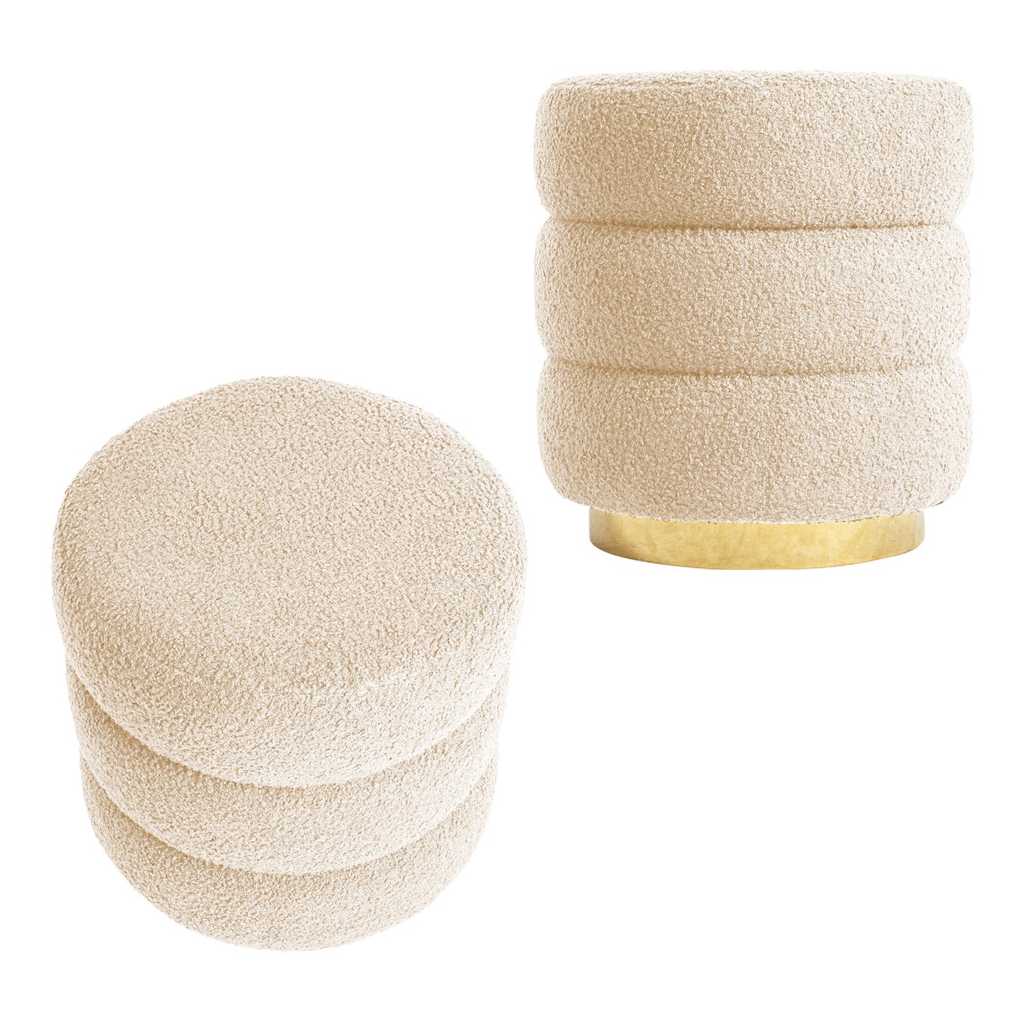 Two beige textured stools with gold bases on a white background