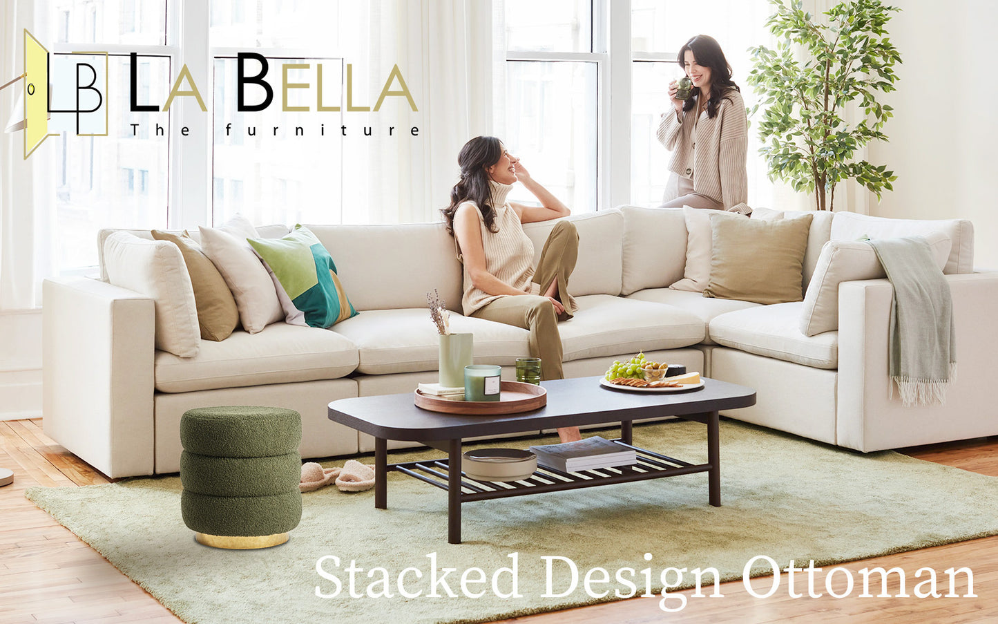Round Stacked Ottoman Stool Teddy Fleece Fabric Foot Rest 38cm GREEN Furniture > Living Room > Ottomans & Footstools
