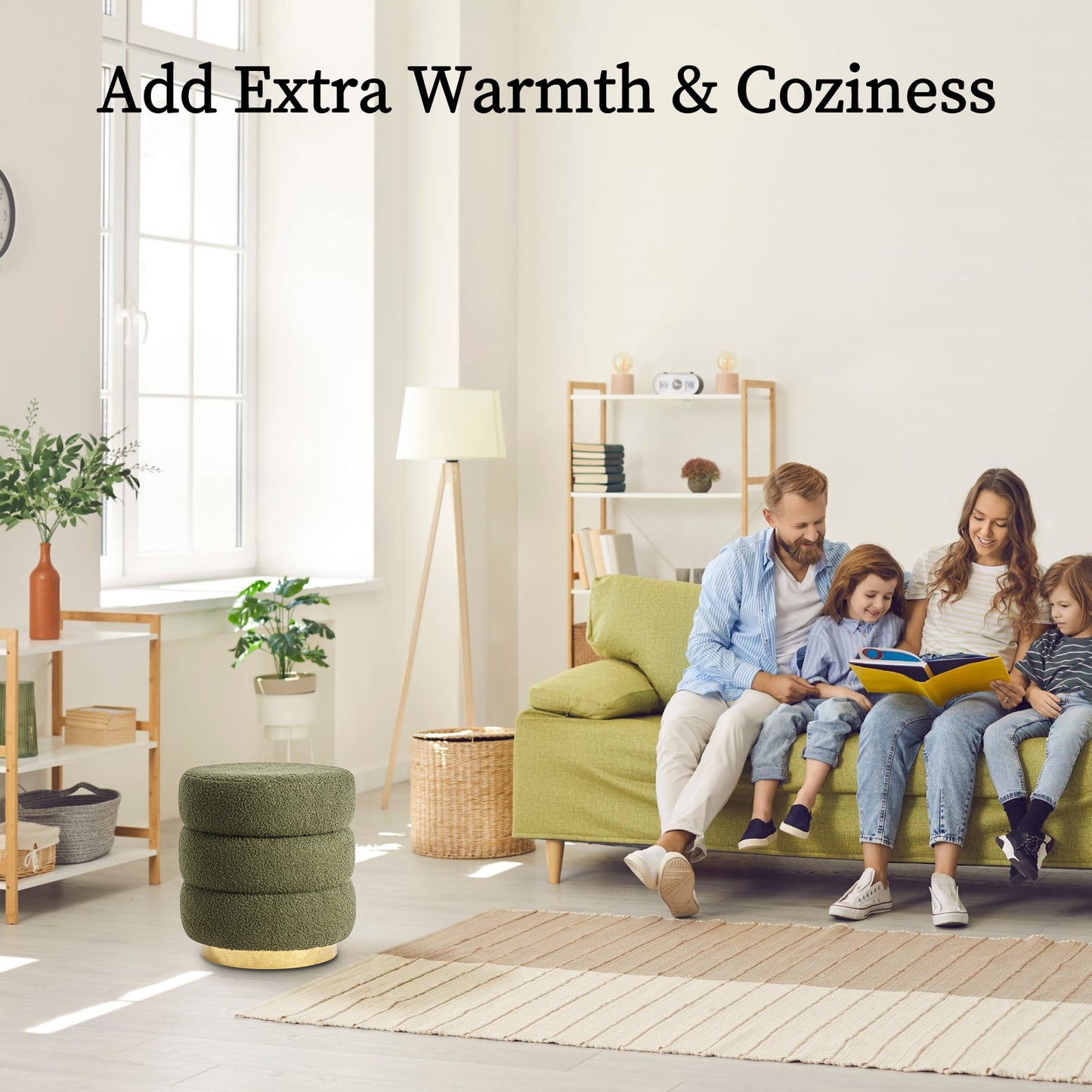 Round Stacked Ottoman Stool Teddy Fleece Fabric Foot Rest 38cm GREEN Furniture > Living Room > Ottomans & Footstools