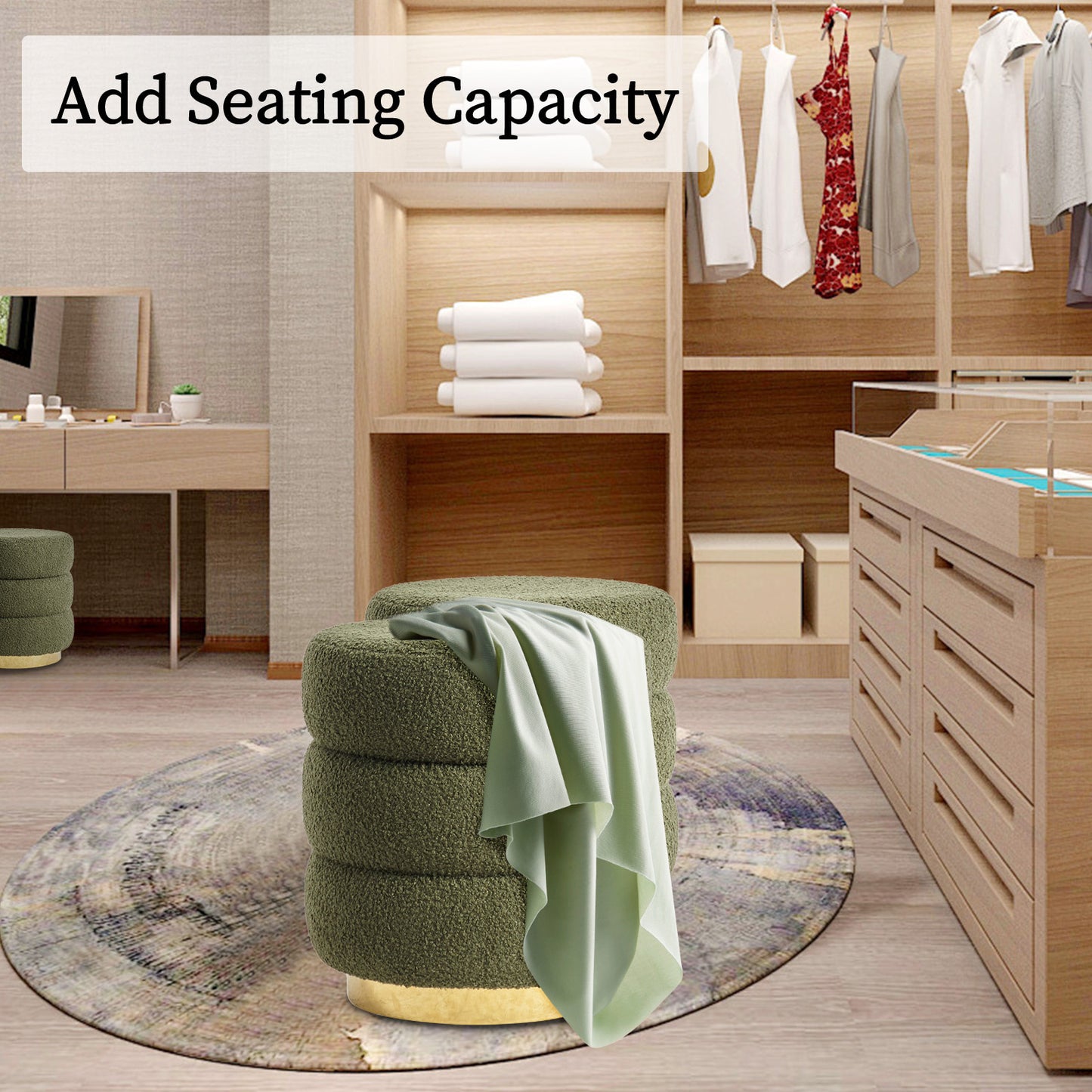 Round Stacked Ottoman Stool Teddy Fleece Fabric Foot Rest 38cm GREEN Furniture > Living Room > Ottomans & Footstools
