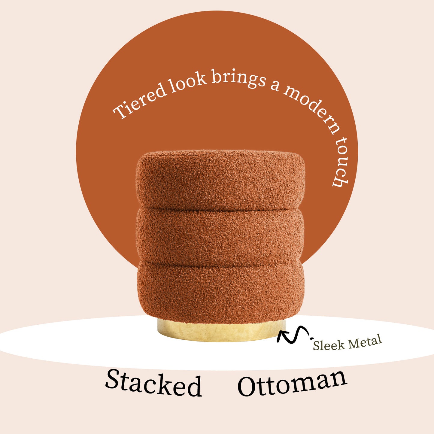 Round Stacked Ottoman Stool Teddy Fleece Fabric Foot Rest 38cm ORANGE - Furniture > Living Room > Ottomans & Footstools