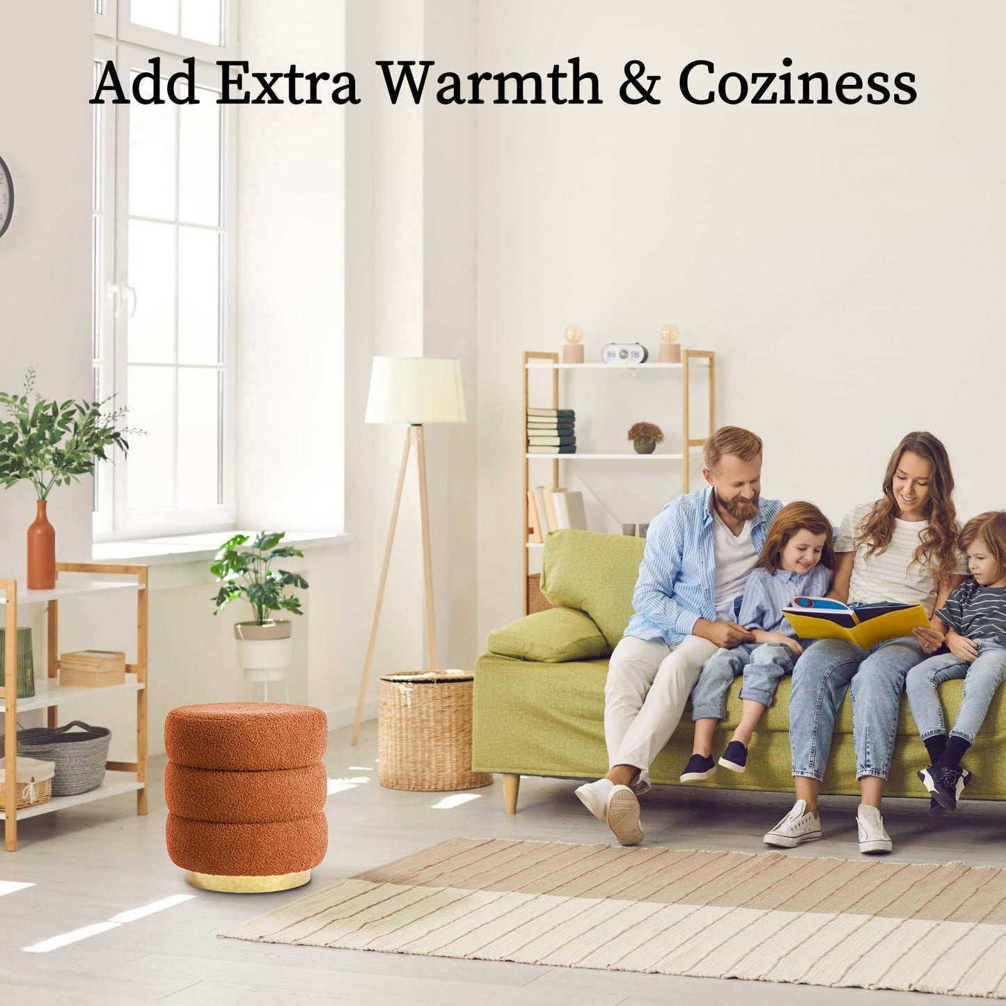 Round Stacked Ottoman Stool Teddy Fleece Fabric Foot Rest 38cm ORANGE - Furniture > Living Room > Ottomans & Footstools