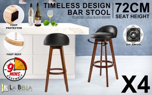 4X Wooden Bar Stool Dining Chair Leather LEILA 72cm BLACK BROWN - Furniture > Bar Stools & Chairs > Table & Bar Stools