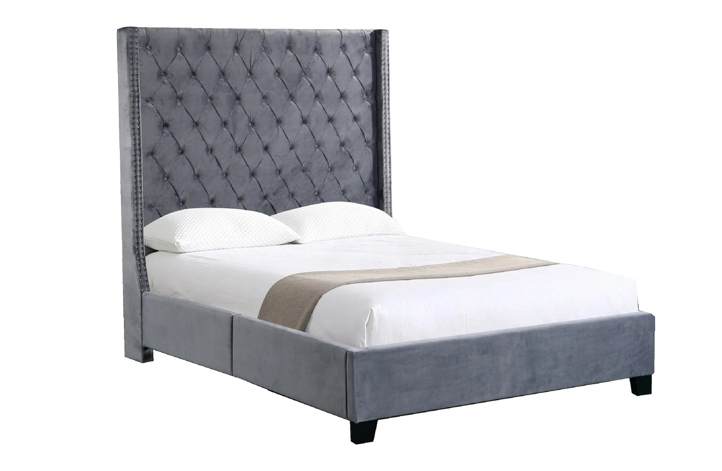 Ella Grey Velvet Winged Bed 180cm - Queen - Furniture > Bedroom > Beds & Bed Frames