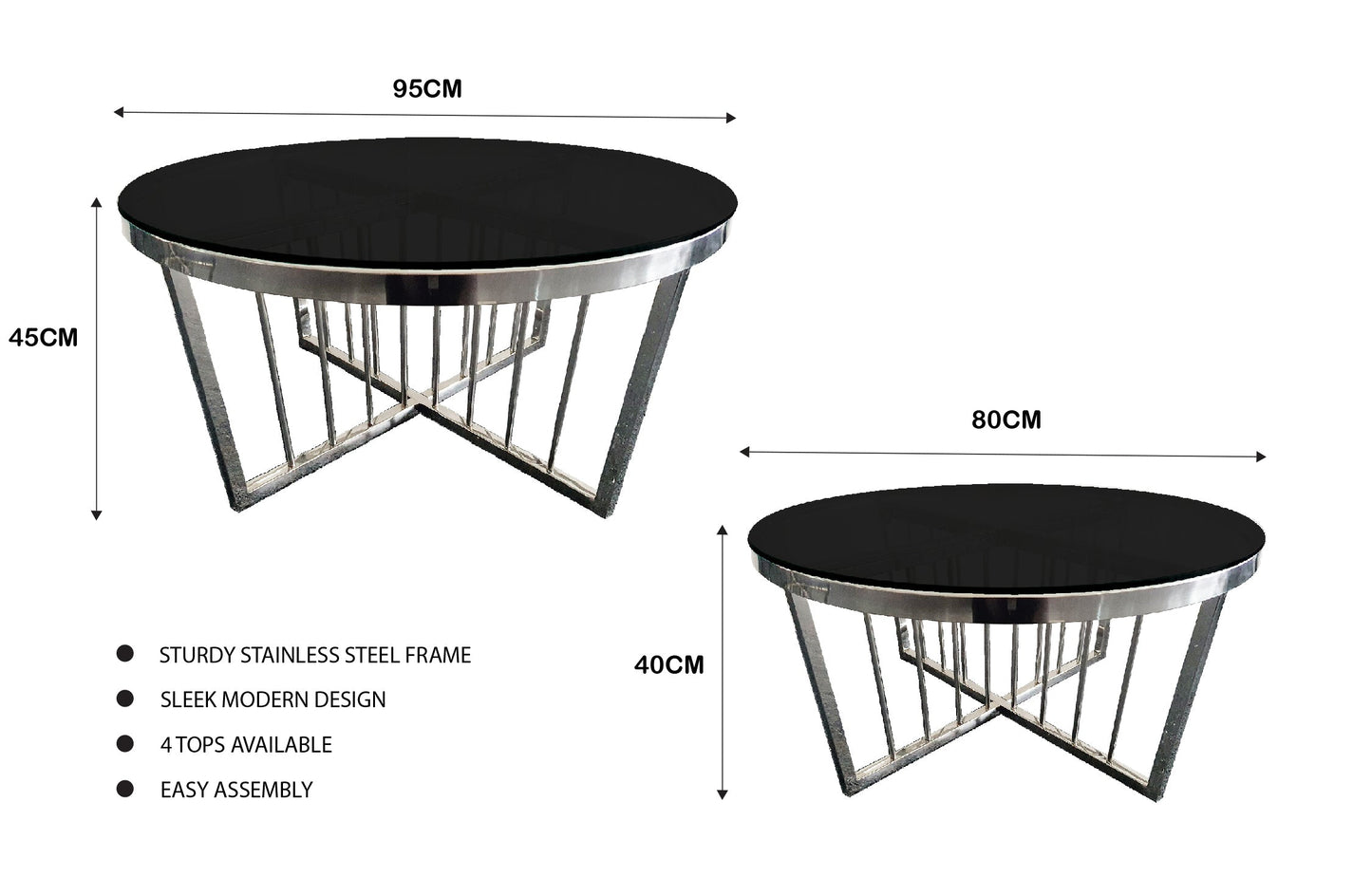 Salina Coffee Table 80cm Silver Base - Black Glass - Furniture > Living Room > Coffee Tables