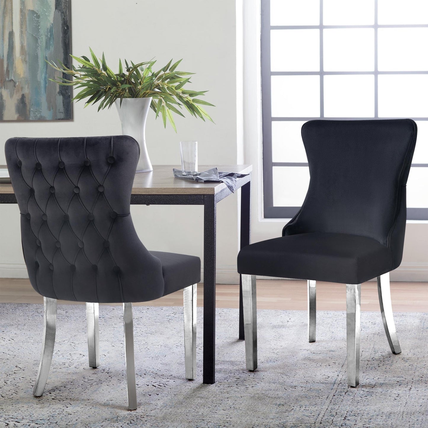 Paris Black Velvet & Silver Polished Steel Upholstered Dining Chairs Tufted Back - Set of 2 - Furniture > Dining >