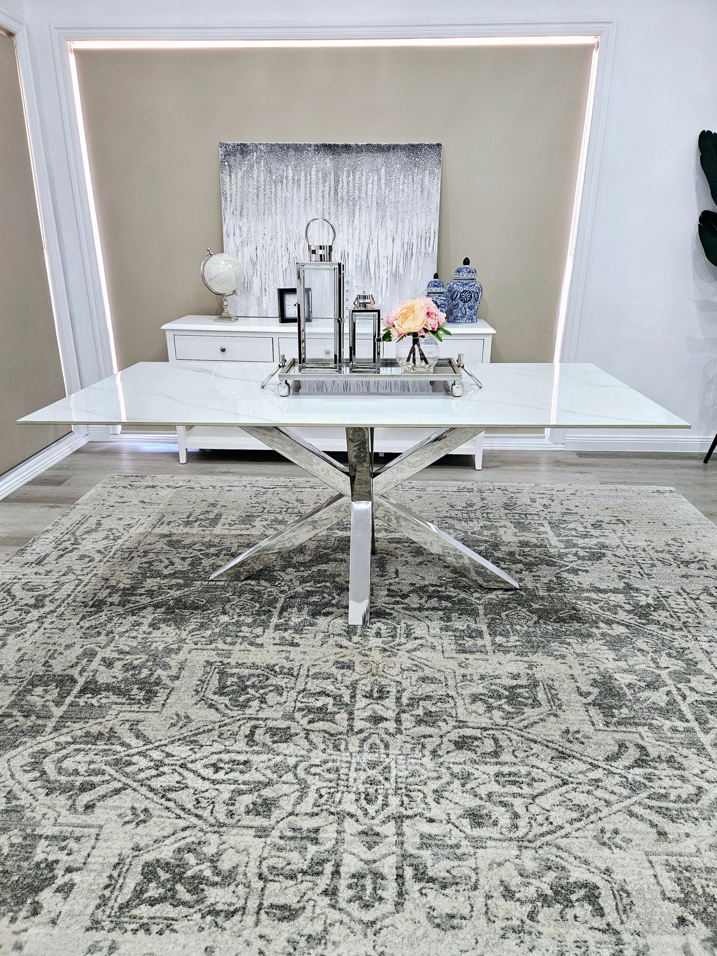 Miles Silver With White Marble Dining Table - 90cm x 180cm - Furniture > Dining > Dining Tables