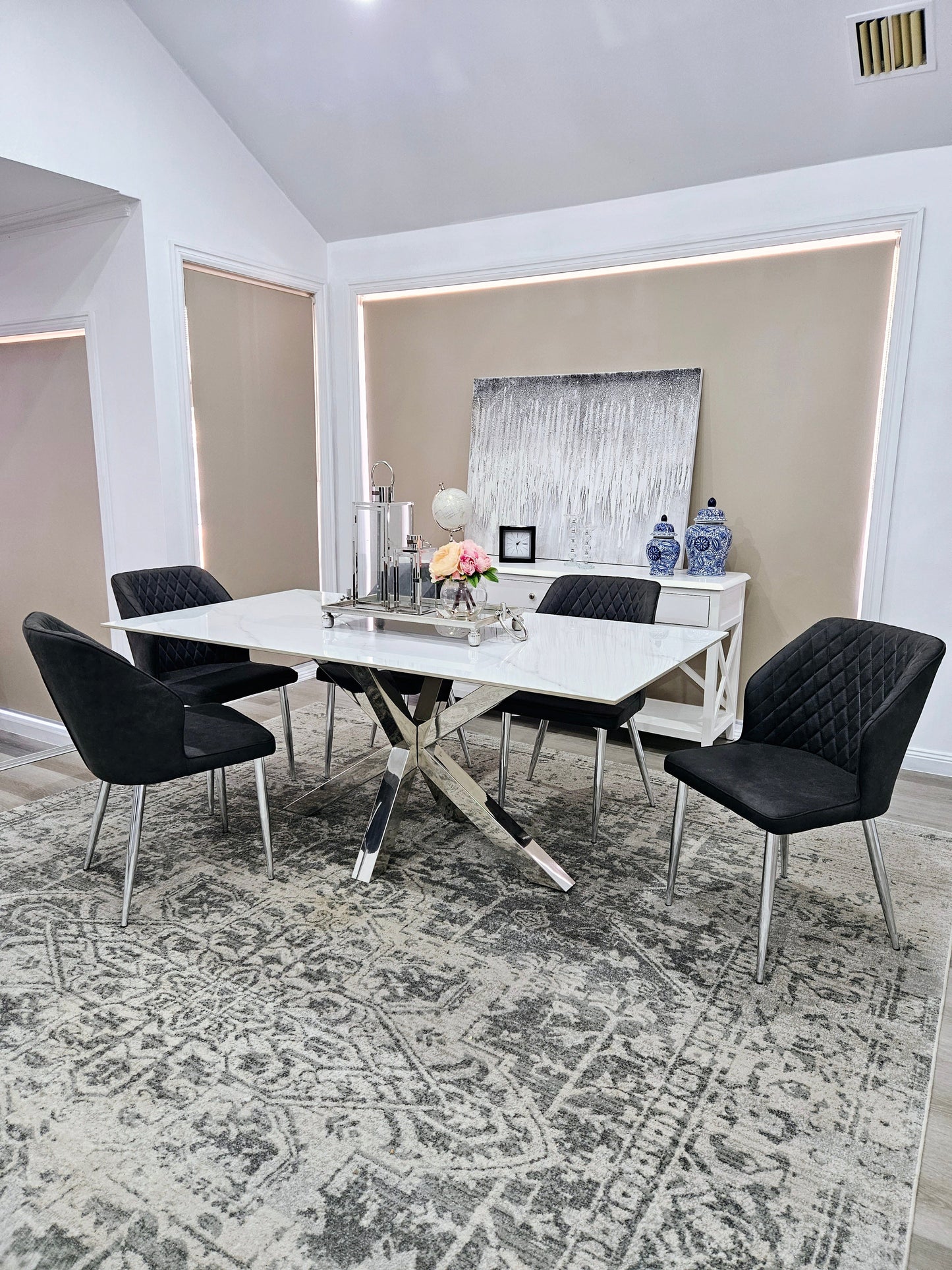 Miles Silver With White Marble Dining Table - 90cm x 180cm - Furniture > Dining > Dining Tables
