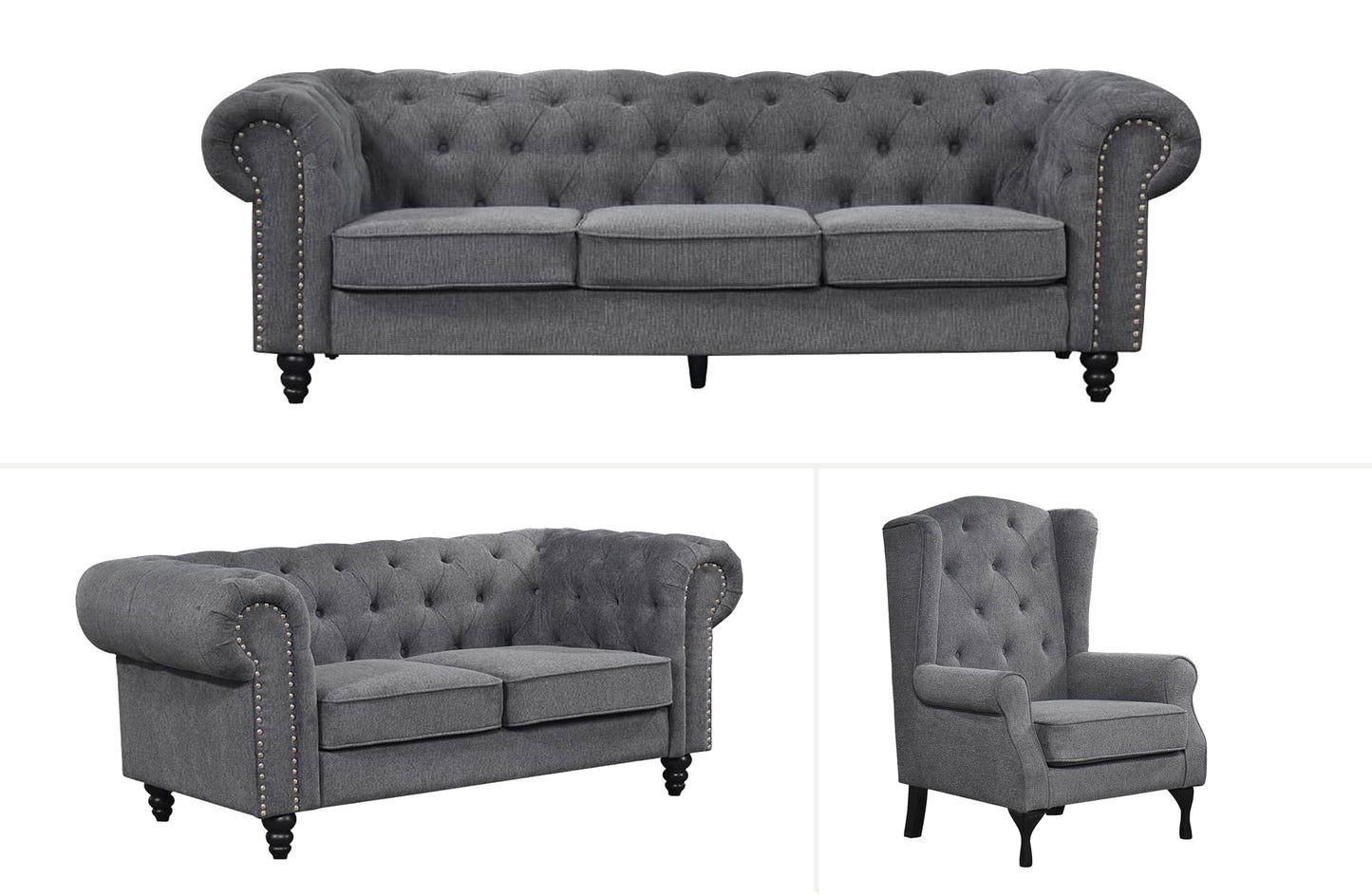 Chesterfield Tufted Lounge Set Charcoal Grey Furniture > Sofas > Sofas & Sofa Beds