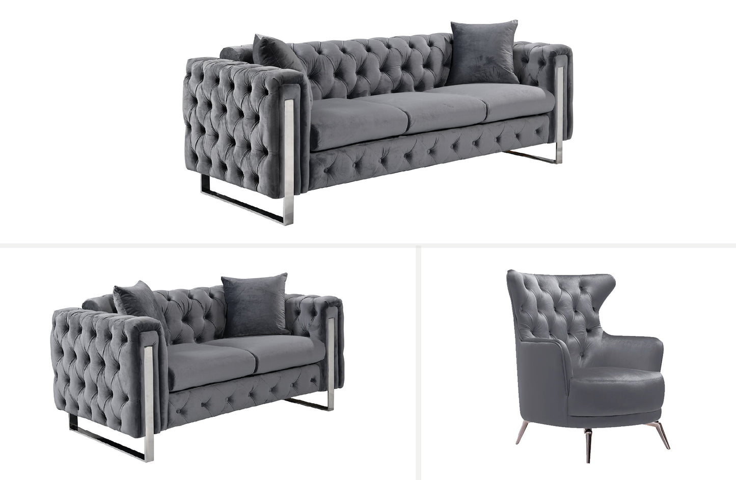 Madeline Range - Dark Grey Velvet 3 + 2 + 1 - Silver Trims - Furniture > Sofas > Sofas & Sofa Beds