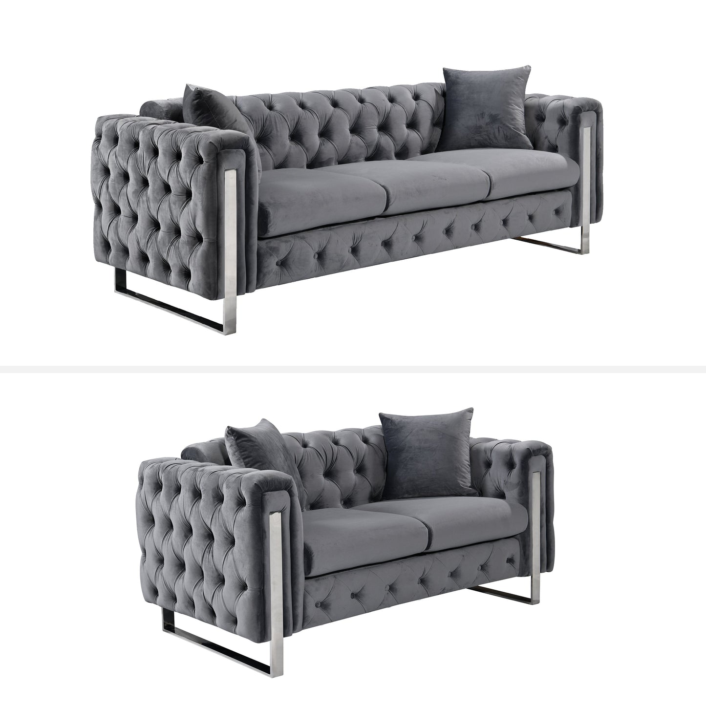 Madeline Range - Dark Grey Velvet 3 + 2 + 1 - Silver Trims - Furniture > Sofas > Sofas & Sofa Beds
