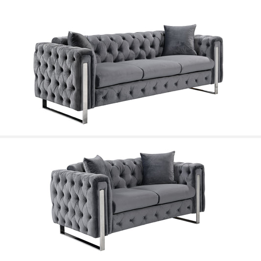 Madeline Range Dark Grey Velvet 3 + 2 + 1 Silver Trims Furniture > Sofas > Sofas & Sofa Beds