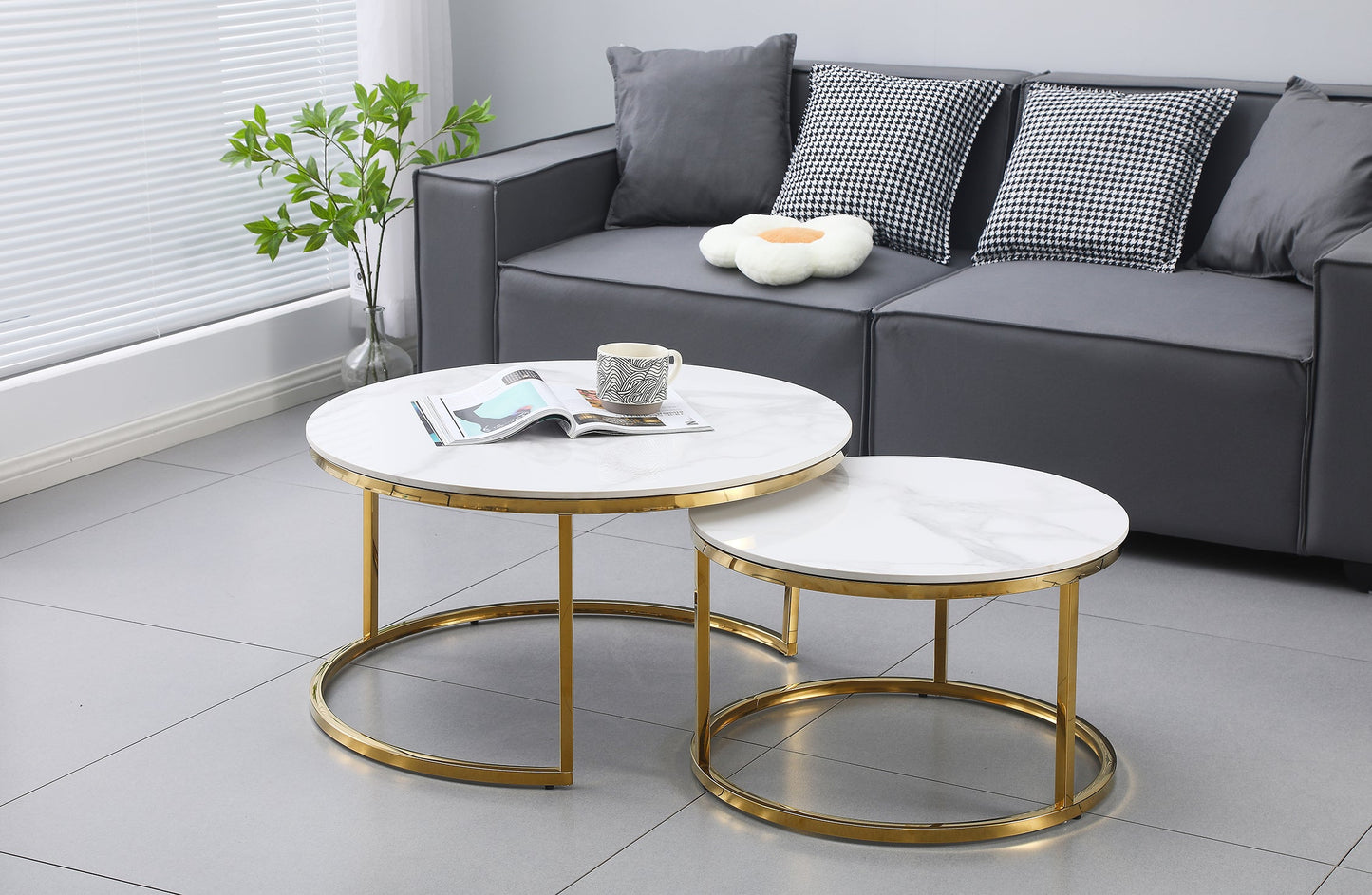 Nesting Style Coffee Table - White on Gold Stainless Steel - 80cm/60cm - Furniture > Living Room > Coffee Tables