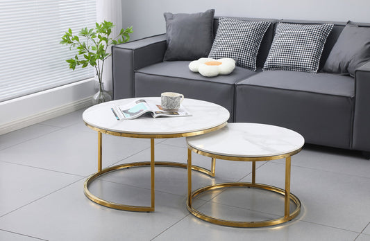 Nesting Style Coffee Table White on Gold Stainless Steel 80cm/60cm Furniture > Living Room > Coffee Tables