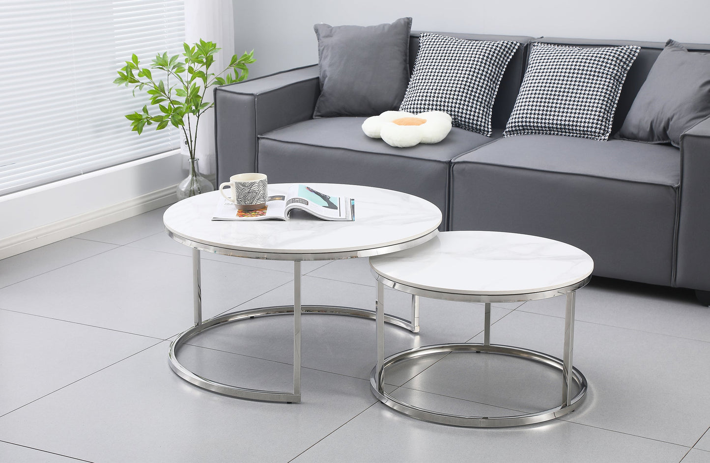 Nesting Style Coffee Table - White on Silver Stainless Steel - 80cm/60cm - Furniture > Living Room > Coffee Tables