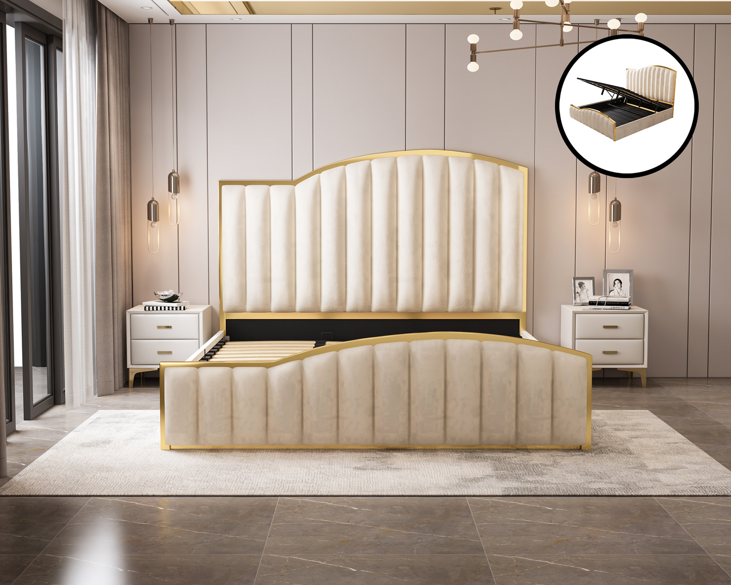 Elegant Luxury King Size Bedframe in Beige with Gas Lift Storage Velvet Fabric Golden Trim Furniture > Bedroom > Beds &