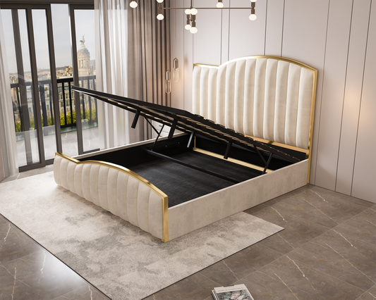 Elegant Luxury King Size Bedframe in Beige with Gas Lift Storage Velvet Fabric Golden Trim Furniture > Bedroom > Beds &