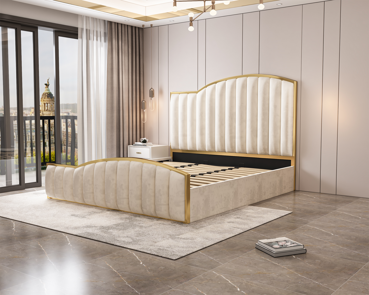 Elegant Luxury King Size Bedframe in Beige with Gas Lift Storage Velvet Fabric Golden Trim Furniture > Bedroom > Beds &