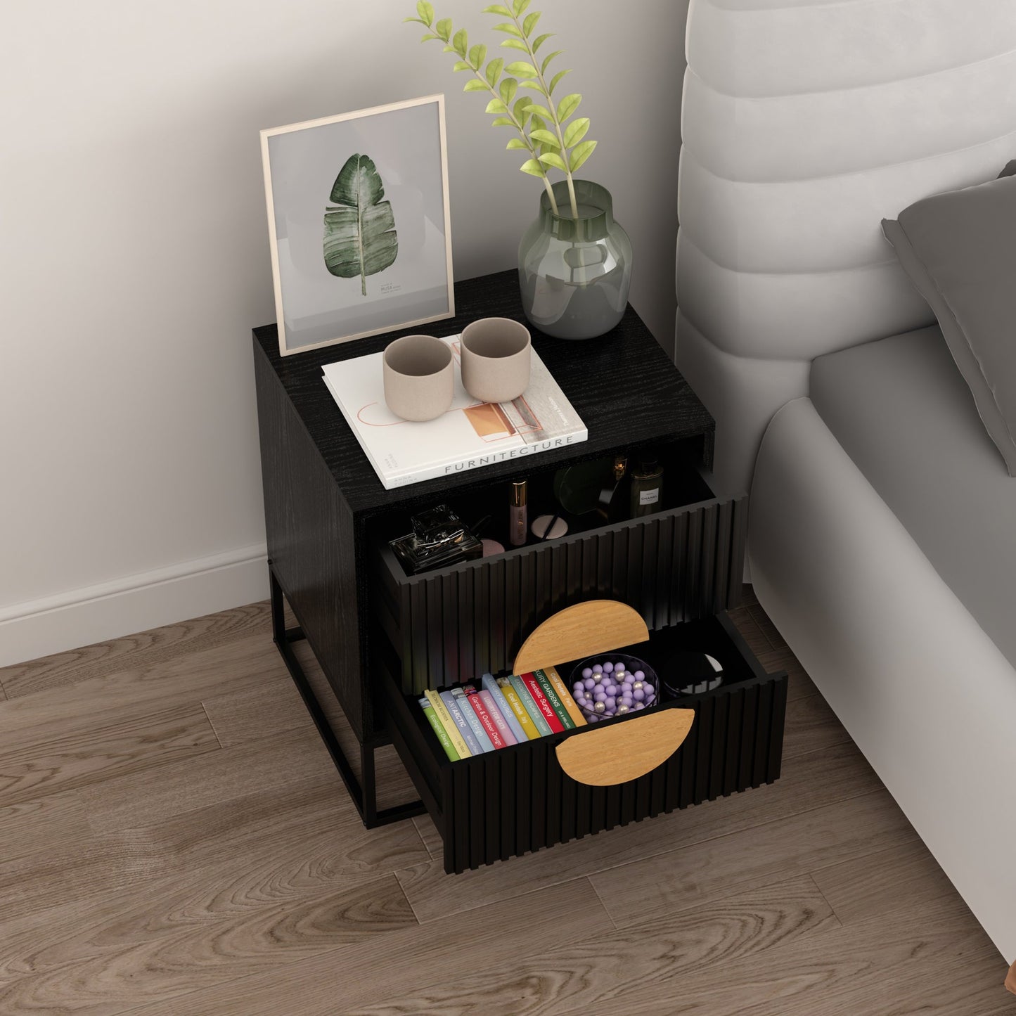 Belmonte Fluted Bedside Table in Black Furniture > Bedroom > Bedside Tables