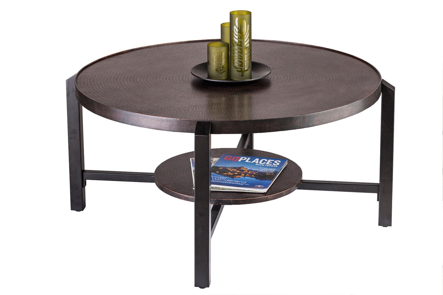 Black Round Coffee Table with Storage Shelf in Copper Finish Top - Furniture > Living Room > Coffee Tables