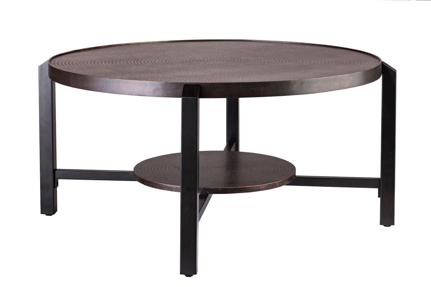 Black Round Coffee Table with Storage Shelf in Copper Finish Top - Furniture > Living Room > Coffee Tables