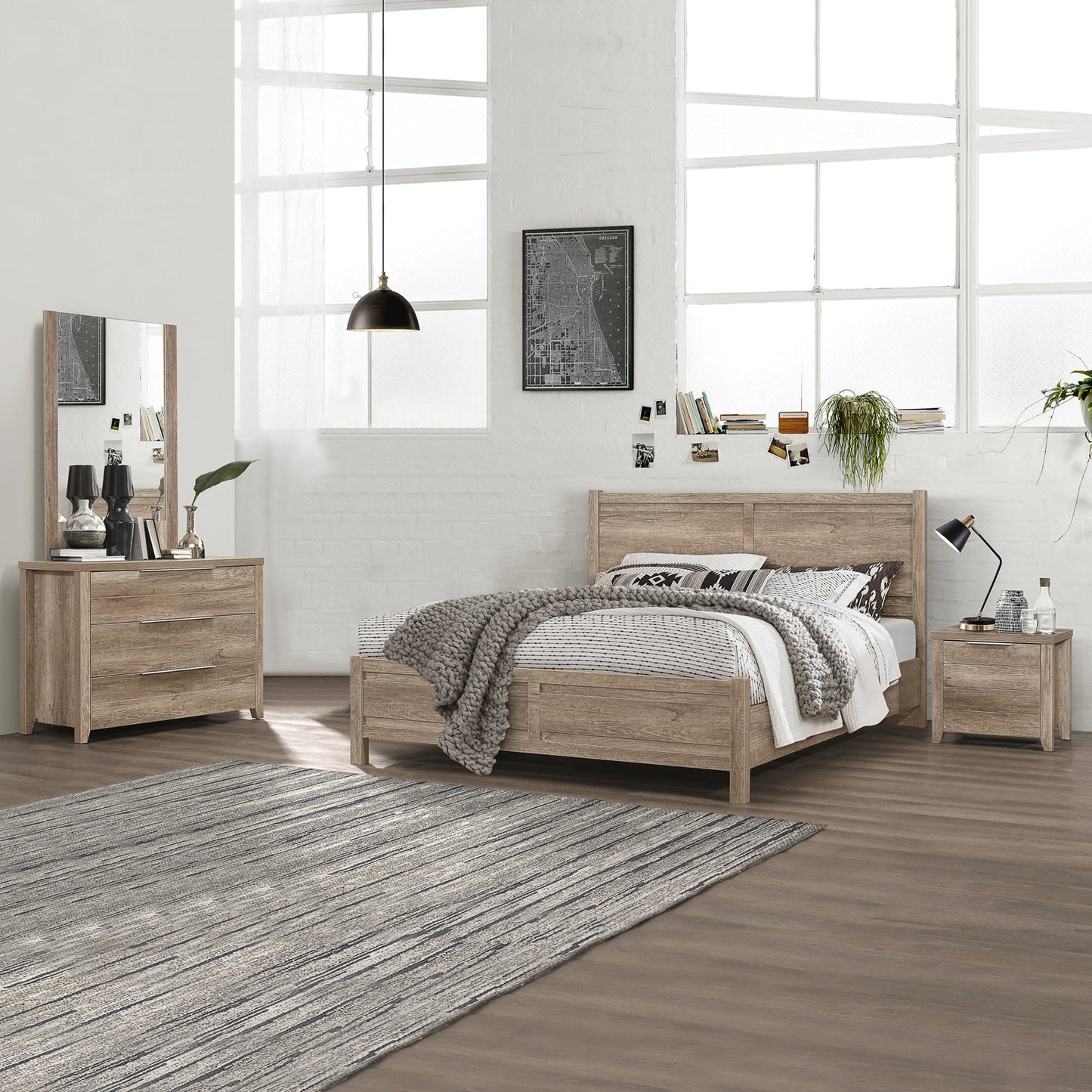 4 Pieces Bedroom Suite Natural Wood Like MDF Structure Queen Size Oak Colour Bed Bedside Table & Tallboy - Furniture >