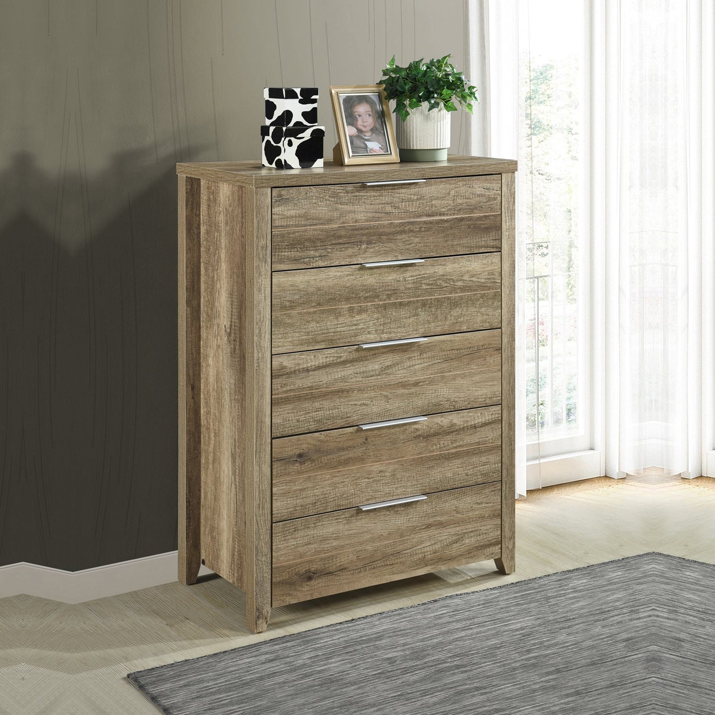 4 Pieces Bedroom Suite Natural Wood Like MDF Structure Queen Size Oak Colour Bed Bedside Table & Tallboy - Furniture >