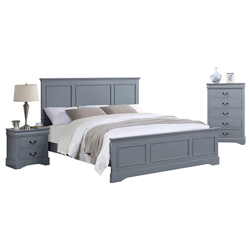 4 Pieces Bedroom Suite in Solid Wood & Mdf King Size Grey Colour Bed Bedside Table Tallboy