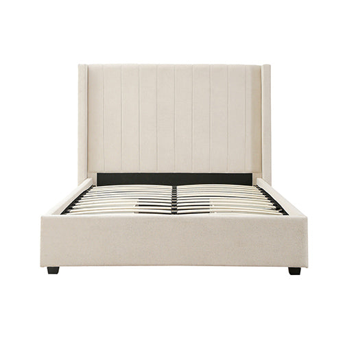King Size High Rise Headboard Linen Beige Fabric Four MDF Drawers with Wheels Bed Frame Furniture > Bedroom > Beds &