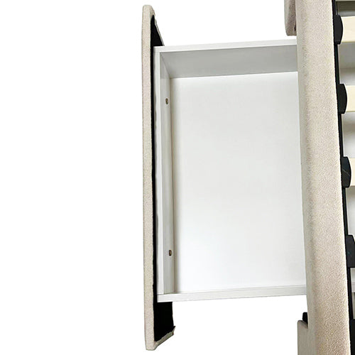 King Size High Rise Headboard Linen Beige Fabric Four MDF Drawers with Wheels Bed Frame Furniture > Bedroom > Beds &