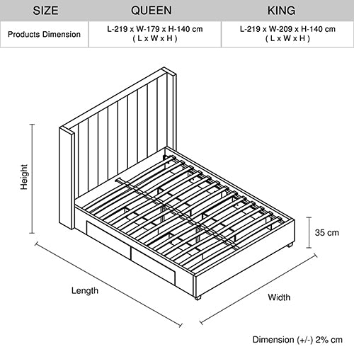 King Size High Rise Headboard Linen Beige Fabric Four MDF Drawers with Wheels Bed Frame Furniture > Bedroom > Beds &