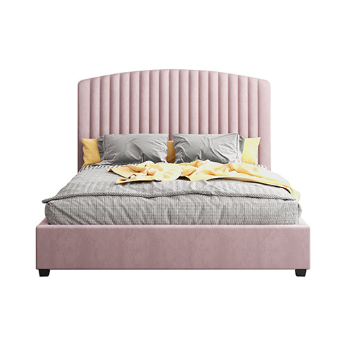 Camelia King Single Size Bed Frame Pink Velvet Upholstery High Headboard Quality Slats Metal Structure Furniture >