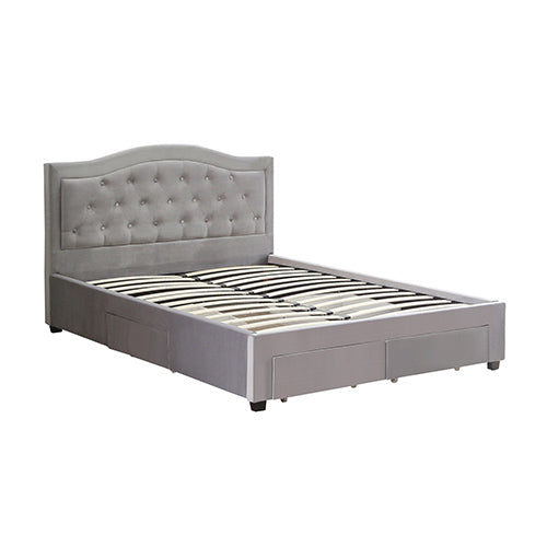 Emily Bed Frame Queen Size Velvet Fabric Grey Four MDF Drawers with Wheels Furniture > Bedroom > Beds & Bed Frames
