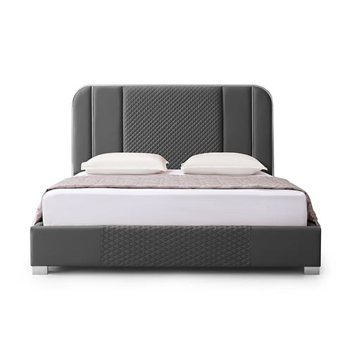 Halcyon Bed Frame Air Leather Padded Upholstery High Quality Slats Polished Stainless Steel Feet - Furniture > Bar