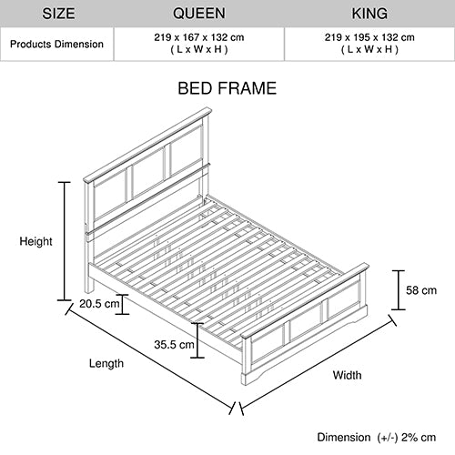 Queen Bed Frame in Solid Wood with Slats Support in Grey colour Furniture > Bedroom > Beds & Bed Frames