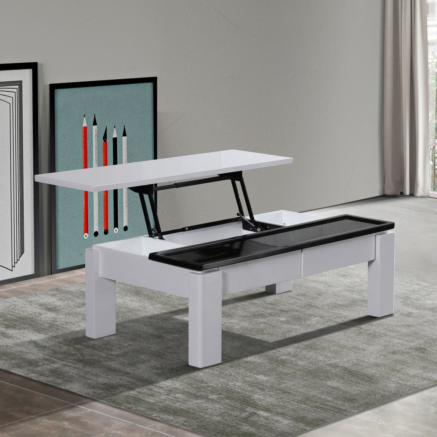 Coffee Table High Gloss Finish Lift Up Top MDF Black & White Colour Interior Storage Furniture > Living Room > Coffee