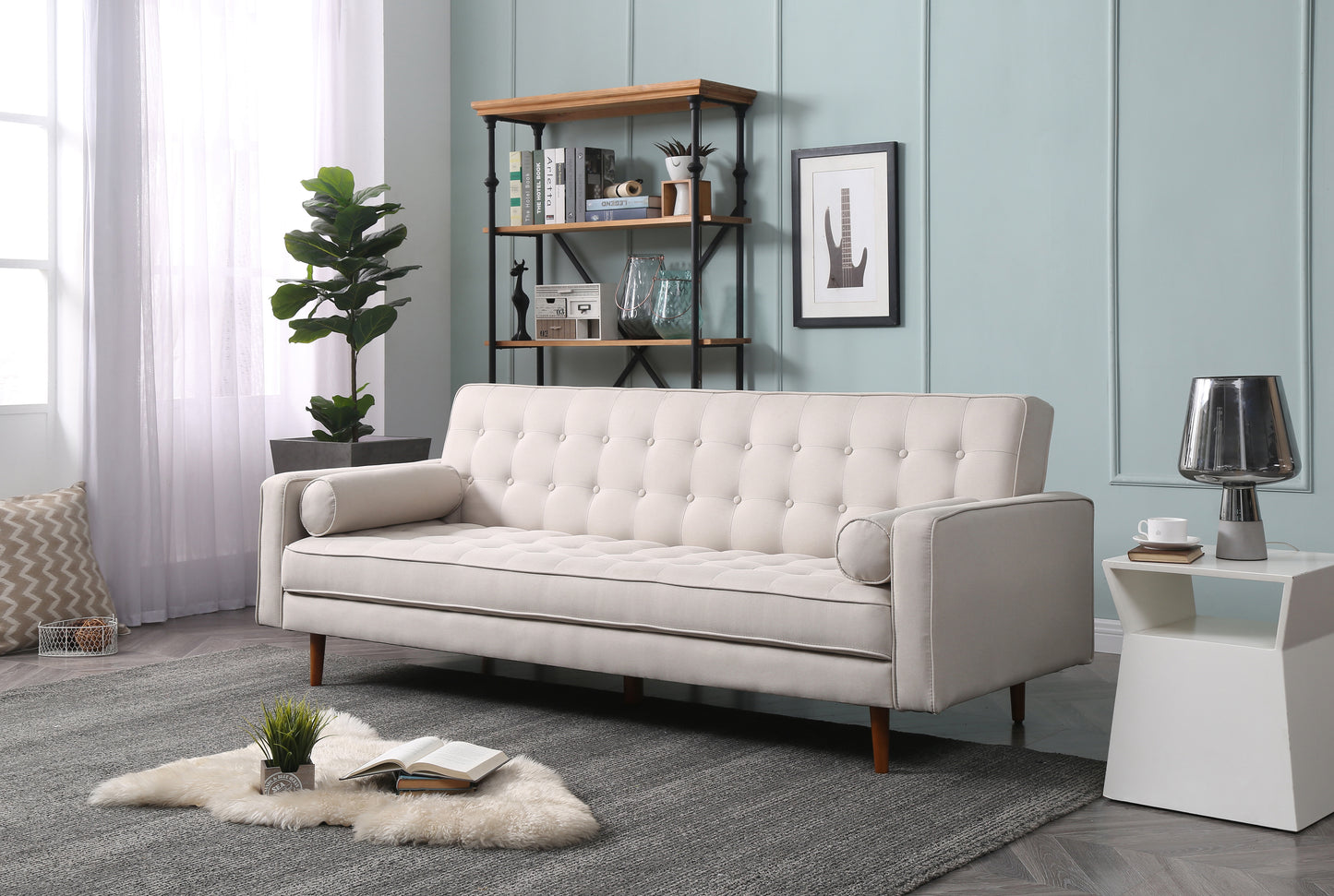 Sofa Bed 3 Seater Button Tufted Lounge Set for Living Room Couch in Fabric Beige Colour - Furniture > Sofas > Sofas &