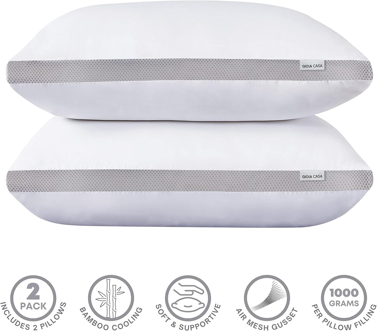 Bamboo Cooling Pillows Twin Pack - Luxury Plush Down-Like Microfibre Pillows for Bedding - Ultra Soft Comfy &
