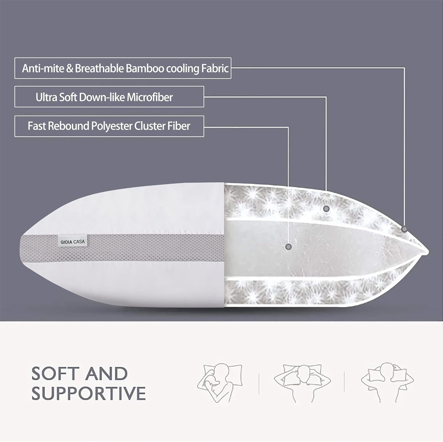 Bamboo Cooling Pillows Twin Pack - Luxury Plush Down-Like Microfibre Pillows for Bedding - Ultra Soft Comfy &