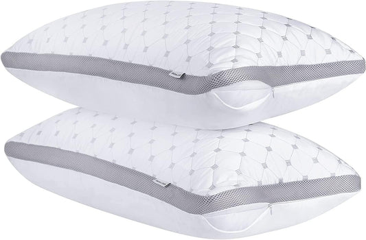 Premium Bamboo Cooling Twin Pack Plush Down Like Pillows Medium to High Profile (2PCS) with Free 2 Quilted Pillow